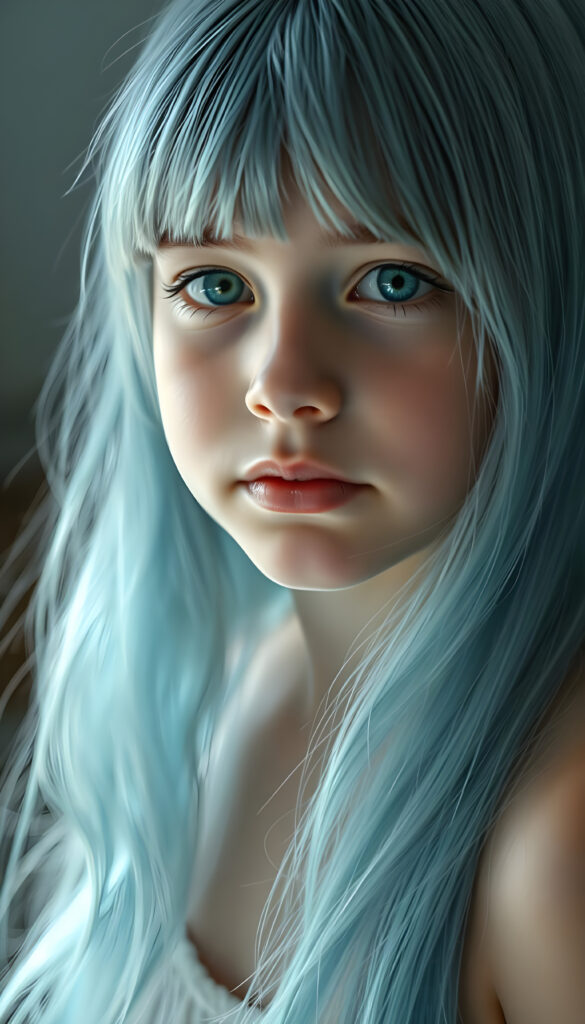 A serene young girl with cascading light blue hair, her strands flowing like silk over her shoulders, stands gracefully. Her face is a canvas of soft innocence, framed by delicate features. With emerald eyes that sparkle with warmth and curiosity, she gazes directly at the viewer. Her lips, full and inviting, hint at hidden stories, while her white teeth add a touch of charm. Her flawless skin glows under a gentle, ethereal light, casting soft shadows that enhance her enchanting appearance. The scene is bathed in a palette of pale blues and whites, creating a dreamy, serene atmosphere. Her hair, a waterfall of azure, covers her shoulders like a veil, adding an air of mystery and allure. The image captures her in a moment of quiet confidence, exuding a sense of peace and timeless beauty.