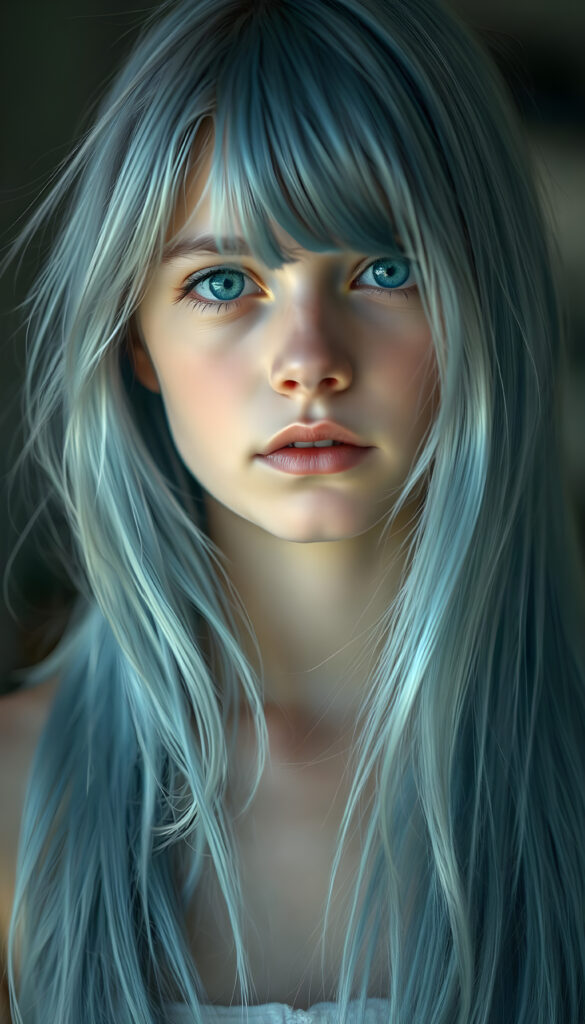 A serene young girl with cascading light blue hair, her strands flowing like silk over her shoulders, stands gracefully. Her face is a canvas of soft innocence, framed by delicate features. With emerald eyes that sparkle with warmth and curiosity, she gazes directly at the viewer. Her lips, full and inviting, hint at hidden stories, while her white teeth add a touch of charm. Her flawless skin glows under a gentle, ethereal light, casting soft shadows that enhance her enchanting appearance. The scene is bathed in a palette of pale blues and whites, creating a dreamy, serene atmosphere. Her hair, a waterfall of azure, covers her shoulders like a veil, adding an air of mystery and allure. The image captures her in a moment of quiet confidence, exuding a sense of peace and timeless beauty.