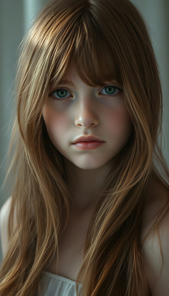 A serene young girl with cascading copper red hair and brown highlights, her strands flowing like silk over her shoulders, stands gracefully. Her face is a canvas of soft innocence, framed by delicate features. With emerald eyes that sparkle with warmth and curiosity, she gazes directly at the viewer. Her lips, full and inviting, hint at hidden stories, while her white teeth add a touch of charm. Her flawless skin glows under a gentle, ethereal light, casting soft shadows that enhance her enchanting appearance. The scene is bathed in a palette of pale blues and whites, creating a dreamy, serene atmosphere. Her hair, a waterfall of azure, covers her shoulders like a veil, adding an air of mystery and allure. The image captures her in a moment of quiet confidence, exuding a sense of peace and timeless beauty.