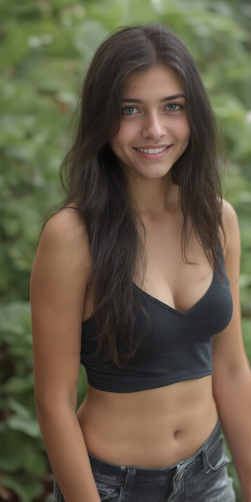 A (((sexy teen girl))) with a ((cropped tank top)) that's cut to a deep ((v-neck)), with (tattered, shredded leggins) that accentuate her slender, youthful thighs. Her long, wavy black hair is straight and smooth, with a soft, nearly transparent quality that adds a whimsical touch to her look. She's posed confidently, with a radiant ((smile)) that gives off a playful vibe. Her eyes are (((brightly blue))), with a hint of green in the background, and she stands in a (rainy, yet inviting green backdrop) that enhances her features and complements her overall look