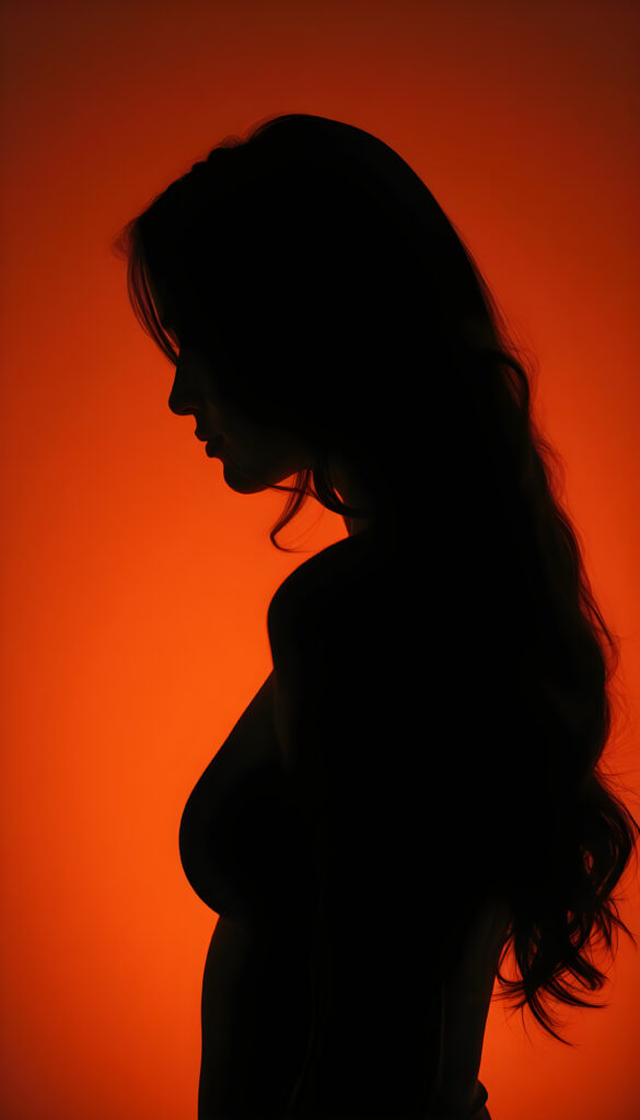 A silhouette of a young woman, perfect feminine curves, orange background, long wavy hair, side view