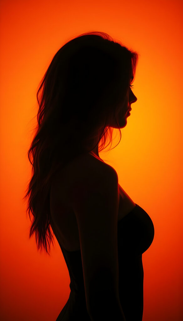 A silhouette of a young woman, perfect feminine curves, orange background, long wavy hair, side view