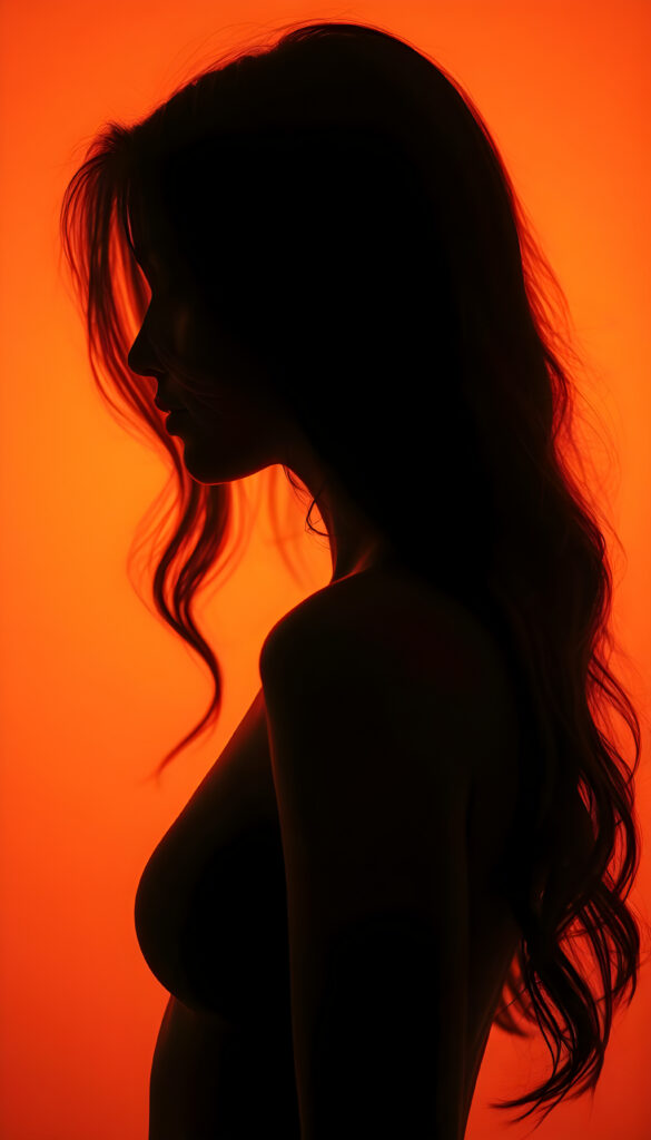A silhouette of a young woman, perfect feminine curves, orange background, long wavy hair, side view