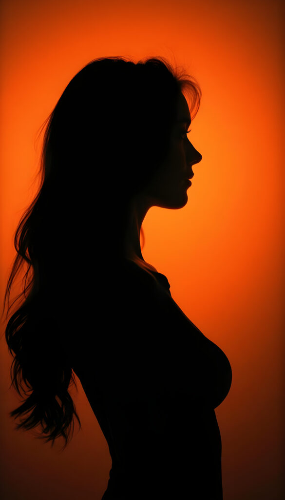 A silhouette of a young woman, perfect feminine curves, orange background, long wavy hair, side view