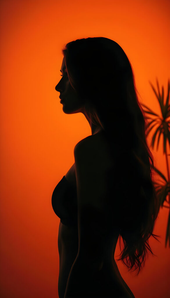 A silhouette of a young woman, perfect feminine curves, orange background, long wavy hair, side view