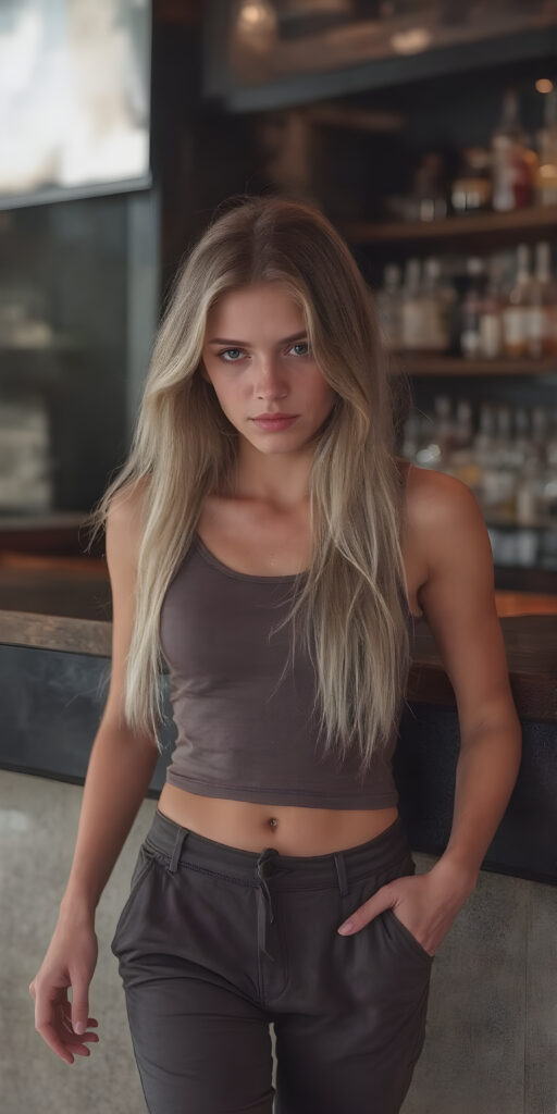 A sleek (((full body image))) of a (((beautiful young teen girl))), (((elegantly thin and petite))), with flowing, (((short, tight tank top and loose, cozy pants))), that perfectly complements her youthful complexion, emphasizing her (((perfectly straight, long, thick, untucked colored light pink hair))) (((falling gently over her shoulder))) waiting seductive in a modern, luxurious bar. She's (((deep in thought, looking pensive and melancholy))) about her future, as if reflecting her (((full, amazing eyes))) into the camera's eye, exuding an air of youthful realism