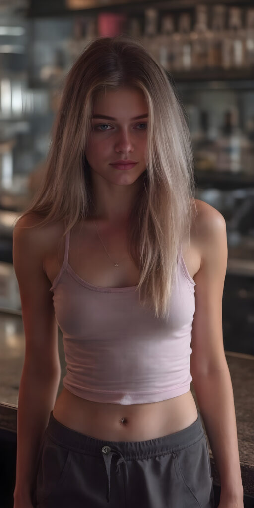 A sleek (((full body image))) of a (((beautiful young teen girl))), (((elegantly thin and petite))), with flowing, (((short, tight tank top and loose, cozy pants))), that perfectly complements her youthful complexion, emphasizing her (((perfectly straight, long, thick, untucked colored light pink hair))) (((falling gently over her shoulder))) waiting seductive in a modern, luxurious bar. She's (((deep in thought, looking pensive and melancholy))) about her future, as if reflecting her (((full, amazing eyes))) into the camera's eye, exuding an air of youthful realism