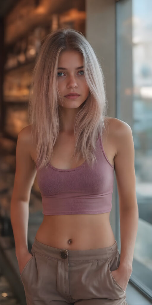 A sleek (((full body image))) of a (((beautiful young teen girl))), (((elegantly thin and petite))), with flowing, (((short, tight tank top and loose, cozy pants))), that perfectly complements her youthful complexion, emphasizing her (((perfectly straight, long, thick, untucked colored light pink hair))) (((falling gently over her shoulder))) waiting seductive in a modern, luxurious bar. She's (((deep in thought, looking pensive and melancholy))) about her future, as if reflecting her (((full, amazing eyes))) into the camera's eye, exuding an air of youthful realism