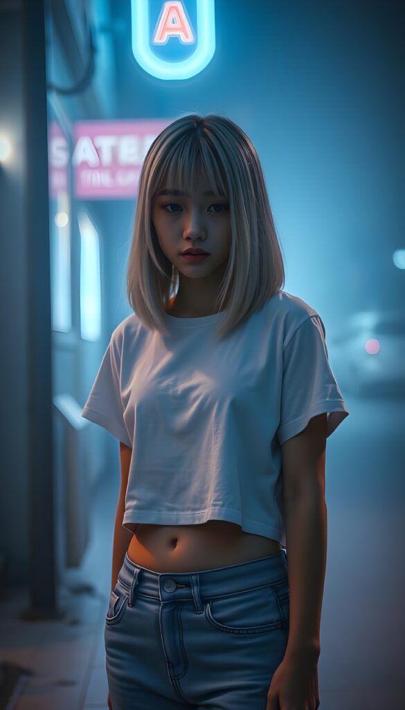 A solitary, young adult sad Korean e-girl with shoulder-length straight platinum blond hair and bangs stands alone under a blue neon lamp in the street, she wears a white plain cropped white t-shirt and short denim jeans pants. Her sad eyes meet the camera with tears streaming down her face, while the background fades into a blurred, misty night scene, accentuated with shades of gray and muted blues. She looks down on the floor. Cute round small belly button.