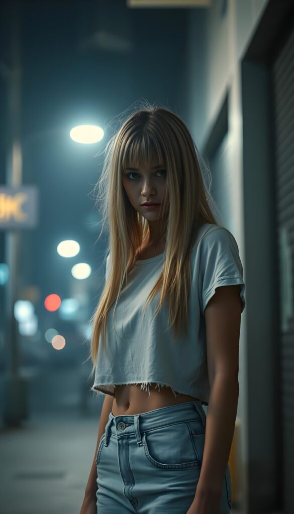 A solitary, young adult woman with long straight blond, disheveled hair stands alone under a dimly lit neon lamp in the street, she wears a white tattered dirty cropped white t-shirt and short denim jeans pants. Her sad eyes meet the camera with tears streaming down her face, while the background fades into a blurred, misty night scene, accentuated with shades of gray and muted blues. She looks down on the floor.