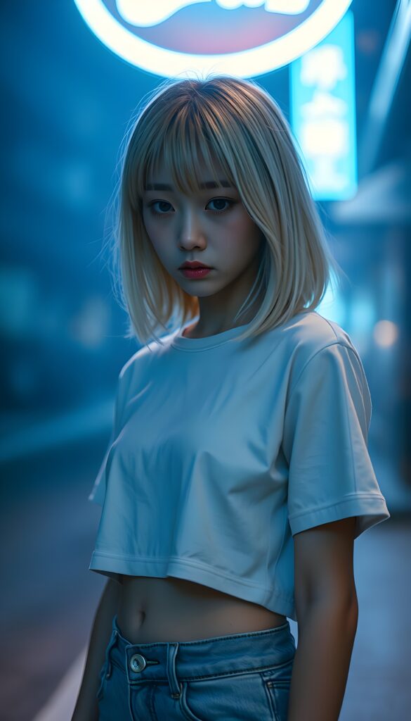 A solitary, young adult sad Korean e-girl with shoulder-length bob cut, straight platinum blond hair and bangs stands alone under a blue neon lamp in the street, she wears a white plain cropped white t-shirt and short denim jeans pants. Her sad eyes meet the camera with tears streaming down her face, while the background fades into a blurred, misty night scene, accentuated with shades of gray and muted blues. She looks down on the floor. Cute round small belly button.