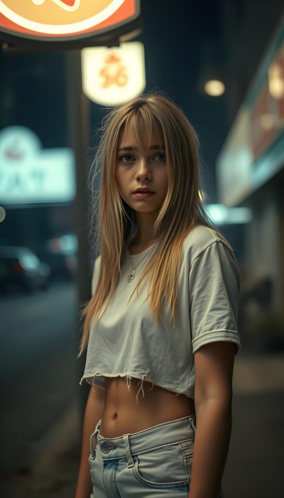 A solitary, young adult woman with long straight blond, disheveled hair stands alone under a dimly lit neon lamp in the street, she wears a white tattered dirty cropped white t-shirt and short denim jeans pants. Her sad eyes meet the camera with tears streaming down her face, while the background fades into a blurred, misty night scene, accentuated with shades of gray and muted blues. She looks down on the floor.