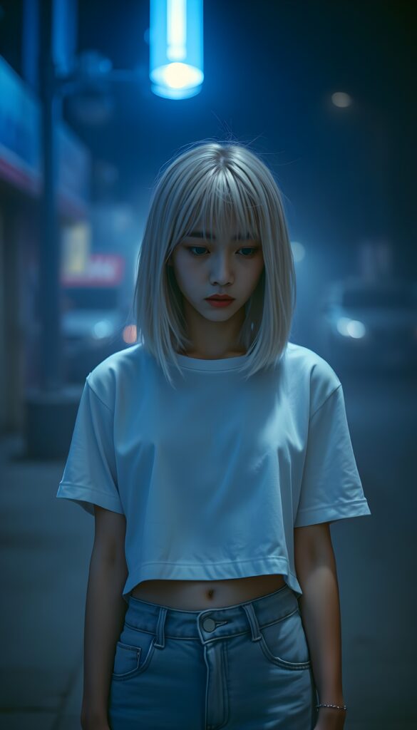 A solitary, young adult sad Korean e-girl with shoulder-length bob cut, straight platinum blond hair and bangs stands alone under a blue neon lamp in the street, she wears a white plain cropped white t-shirt and short denim jeans pants. Her sad eyes meet the camera with tears streaming down her face, while the background fades into a blurred, misty night scene, accentuated with shades of gray and muted blues. She looks down on the floor. Cute round small belly button.