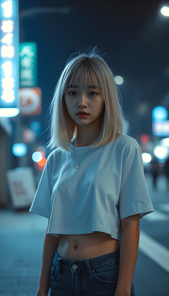 A solitary, young adult sad Korean e-girl with shoulder-length bob cut, straight platinum blond hair and bangs stands alone under a blue neon lamp in the street, she wears a white plain cropped white t-shirt and short denim jeans pants. Her sad eyes meet the camera with tears streaming down her face, while the background fades into a blurred, misty night scene, accentuated with shades of gray and muted blues. She looks down on the floor. Cute round small belly button.