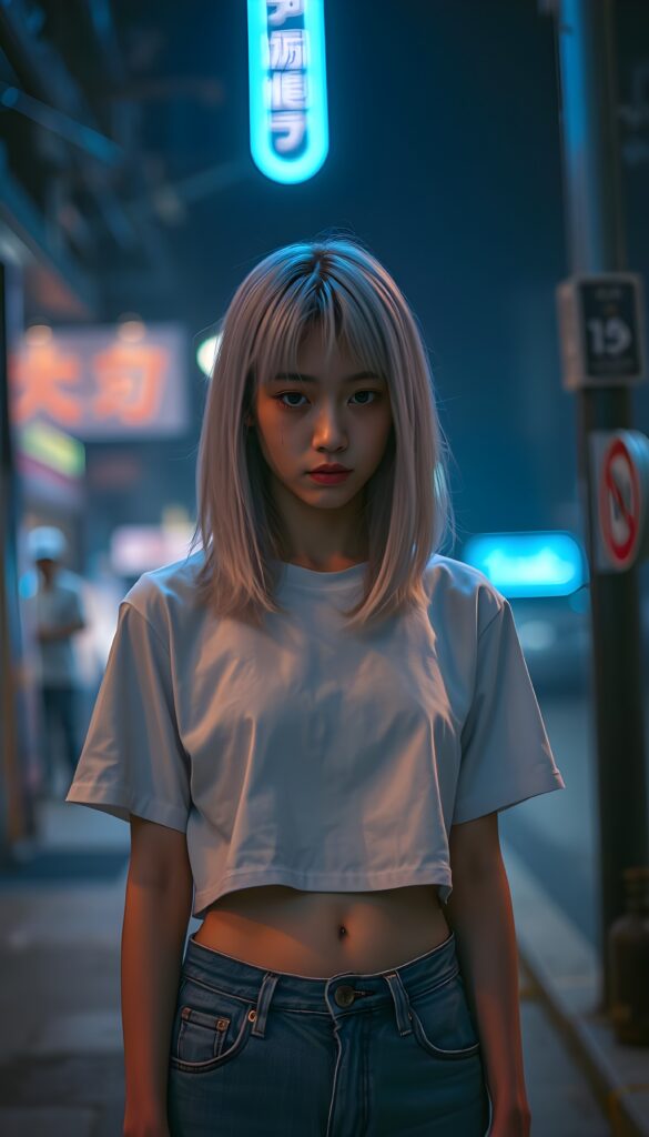A solitary, young adult sad Korean e-girl with shoulder-length bob cut, straight platinum blond hair and bangs stands alone under a blue neon lamp in the street, she wears a white plain cropped white t-shirt and short denim jeans pants. Her sad eyes meet the camera with tears streaming down her face, while the background fades into a blurred, misty night scene, accentuated with shades of gray and muted blues. She looks down on the floor. Cute round small belly button.