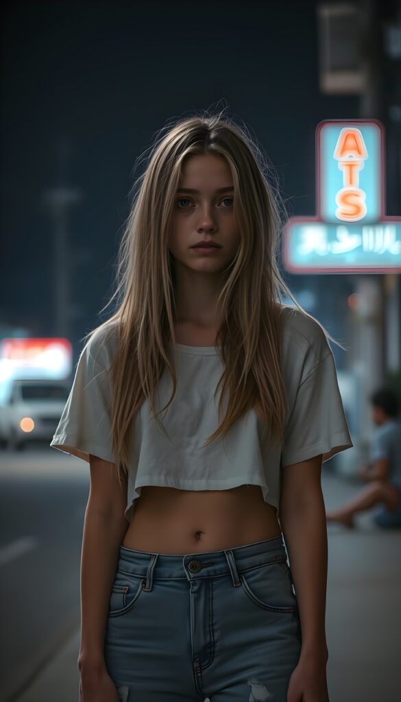 A solitary, young adult woman with long straight blond, disheveled hair stands alone under a dimly lit neon lamp in the street, she wears a white tattered dirty cropped white t-shirt and short denim jeans pants. Her sad eyes meet the camera with tears streaming down her face, while the background fades into a blurred, misty night scene, accentuated with shades of gray and muted blues. She looks down on the floor.
