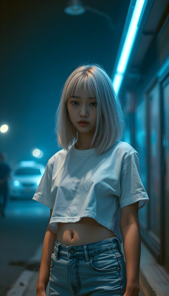 A solitary, young adult sad Korean e-girl with shoulder-length bob cut, straight platinum blond hair and bangs stands alone under a blue neon lamp in the street, she wears a white plain cropped white t-shirt and short denim jeans pants. Her sad eyes meet the camera with tears streaming down her face, while the background fades into a blurred, misty night scene, accentuated with shades of gray and muted blues. She looks down on the floor. Cute round small belly button.