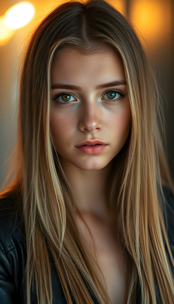 A striking close-up portrait of an 18-year-old girl with long, straight, soft blonde hair cascading down her shoulders. Her eyes are a deep, captivating brown, framed by well-defined brows. She wears a sleek, black leather jacket, adding a touch of edgy sophistication. The background is a blend of warm, golden hues and cool blues, creating a dramatic contrast. Soft, diffused lighting highlights her features, enhancing the depth and texture of her hair. The overall atmosphere is serene yet vibrant, blending modern elegance with a hint of mystery.