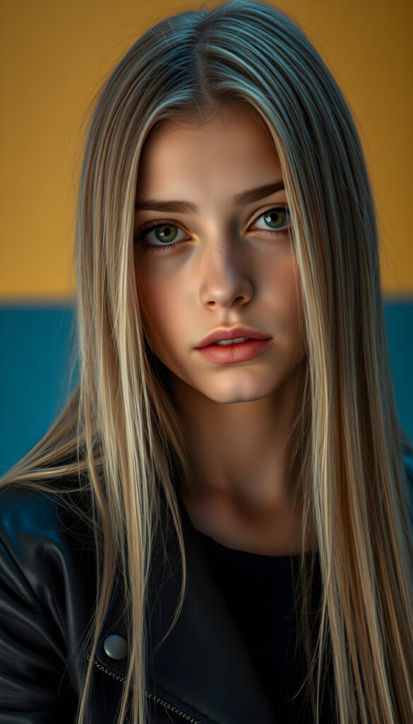A striking close-up portrait of an 18-year-old girl with long, straight, soft blonde hair cascading down her shoulders. Her eyes are a deep, captivating brown, framed by well-defined brows. She wears a sleek, black leather jacket, adding a touch of edgy sophistication. The background is a blend of warm, golden hues and cool blues, creating a dramatic contrast. Soft, diffused lighting highlights her features, enhancing the depth and texture of her hair. The overall atmosphere is serene yet vibrant, blending modern elegance with a hint of mystery.
