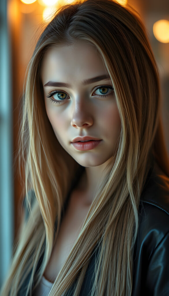 A striking close-up portrait of an 18-year-old girl with long, straight, soft blonde hair cascading down her shoulders. Her eyes are a deep, captivating brown, framed by well-defined brows. She wears a sleek, black leather jacket, adding a touch of edgy sophistication. The background is a blend of warm, golden hues and cool blues, creating a dramatic contrast. Soft, diffused lighting highlights her features, enhancing the depth and texture of her hair. The overall atmosphere is serene yet vibrant, blending modern elegance with a hint of mystery.