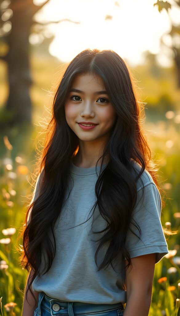 A striking young girl stands in a sunlit meadow, her eyes shining like sapphires, her lips curved into a gentle smile. Her long, wavy obsidian black hair cascades like a waterfall to her hip, framing her flawless face. She wears a crisp light grey t-shirt that contrasts beautifully with the vibrant green grass and blooming wildflowers around her. The sunlight filters through the trees, casting a warm, golden glow over the scene, highlighting her porcelain skin and the delicate freckles across her cheeks. Her hair catches the light, shimmering with a subtle iridescent sheen. The overall composition is serene and picturesque, with a soft-focus background that enhances the ethereal beauty of the moment. She wears blue short jeans.
