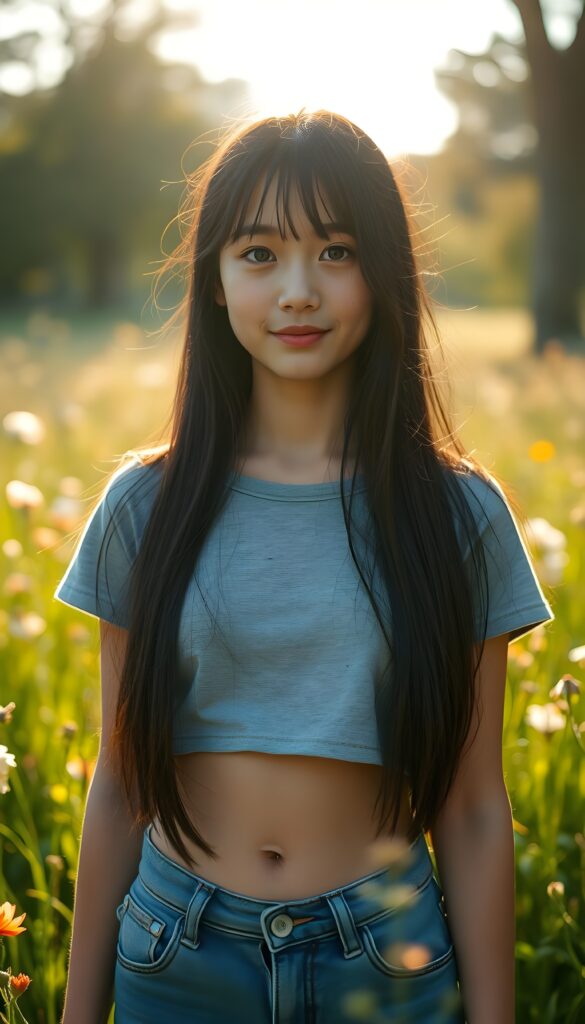 A striking young girl stands in sunlight, her eyes shining like sapphires, her lips curved into a gentle smile. Her long, straight obsidian black hair cascades like a waterfall to her hip, framing her flawless face. She wears a crisp light grey cropped t-shirt that contrasts beautifully with the vibrant green grass and blooming wildflowers around her. She shows her cute round little belly button. The sunlight filters through the trees, casting a warm, golden glow over the scene, highlighting her porcelain skin and the delicate freckles across her cheeks. Her hair catches the light, shimmering with a subtle iridescent sheen. The overall composition is serene and picturesque, with a soft-focus background that enhances the ethereal beauty of the moment. She wears blue short jeans. Front view.