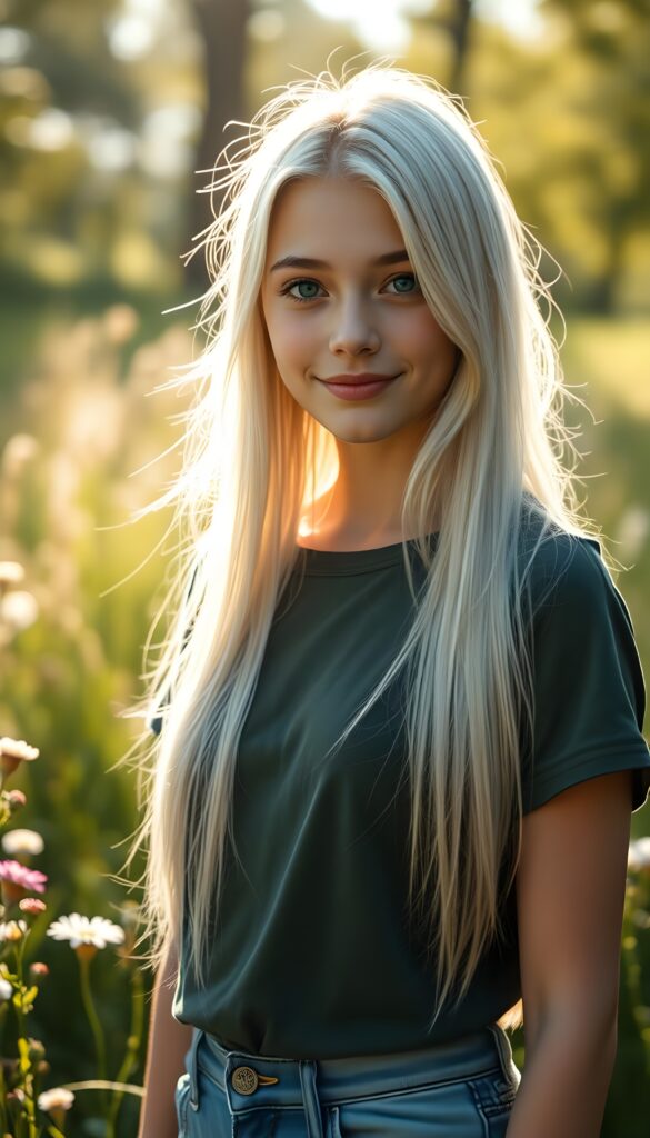 A striking young girl stands in sunlight, her eyes shining like sapphires, her lips curved into a gentle smile. Her long, straight platinum white hair cascades like a waterfall to her hip, framing her flawless face. She wears a crisp thin dark green t-shirt that contrasts beautifully with the vibrant green grass and blooming wildflowers around her. The sunlight filters through the trees, casting a warm, golden glow over the scene, highlighting her porcelain skin and the delicate freckles across her cheeks. Her hair catches the light, shimmering with a subtle iridescent sheen. The overall composition is serene and picturesque, with a soft-focus background that enhances the ethereal beauty of the moment. She wears blue short jeans. Front view.