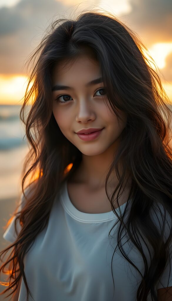 A striking young girl, her eyes shining like sapphires, her lips curved into a gentle smile. Her long, wavy obsidian black hair cascades like a waterfall, framing her flawless face. She wears a crisp white t-shirt that contrasts beautifully. The sunlight filters through the clouds, casting a warm, golden glow over the scene, highlighting her porcelain skin and the delicate freckles across her cheeks. Her hair catches the light, shimmering with a subtle iridescent sheen. The overall composition is serene and picturesque, with a soft-focus background that enhances the ethereal beauty of the moment. All against a beautiful sunset at beach.