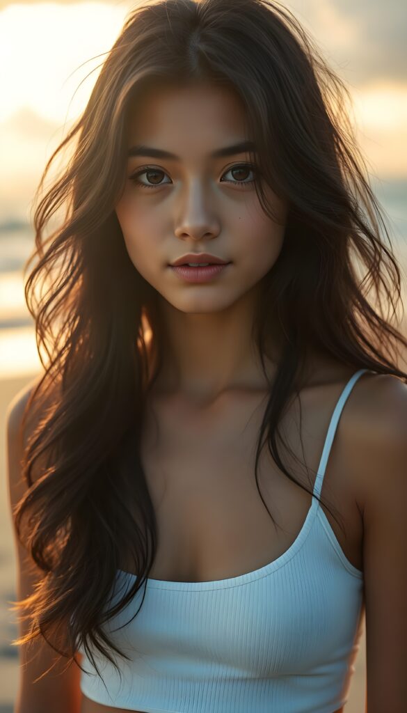 A striking young busty girl, her eyes shining like sapphires, her lips curved into a gentle smile. Her long, wavy obsidian black hair cascades like a waterfall, framing her flawless face. She wears a crisp white cropped thin spaghetti tank top that contrasts beautifully. The sunlight filters through the clouds, casting a warm, golden glow over the scene, highlighting her porcelain skin and the delicate freckles across her cheeks. Her hair catches the light, shimmering with a subtle iridescent sheen. The overall composition is serene and picturesque, with a soft-focus background that enhances the ethereal beauty of the moment. All against a beautiful sunset at beach.