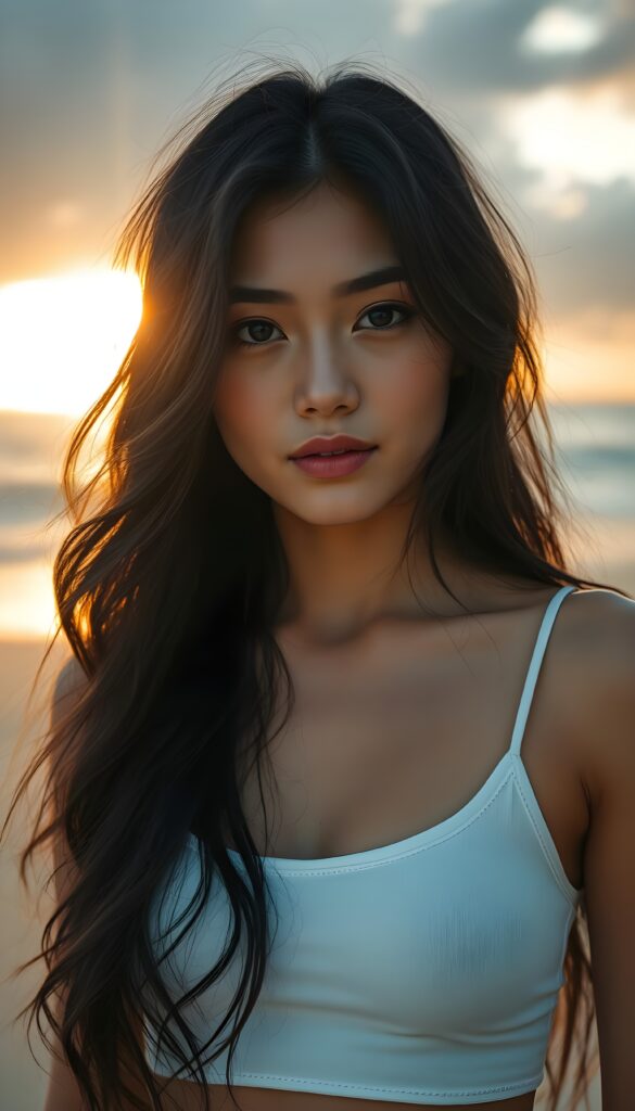 A striking young busty girl, her eyes shining like sapphires, her lips curved into a gentle smile. Her long, wavy obsidian black hair cascades like a waterfall, framing her flawless face. She wears a crisp white cropped thin spaghetti tank top that contrasts beautifully. The sunlight filters through the clouds, casting a warm, golden glow over the scene, highlighting her porcelain skin and the delicate freckles across her cheeks. Her hair catches the light, shimmering with a subtle iridescent sheen. The overall composition is serene and picturesque, with a soft-focus background that enhances the ethereal beauty of the moment. All against a beautiful sunset at beach.