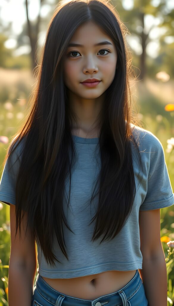 A striking young girl stands in sunlight, her eyes shining like sapphires, her lips curved into a gentle smile. Her long, straight obsidian black hair cascades like a waterfall to her hip, framing her flawless face. She wears a crisp light grey cropped t-shirt that contrasts beautifully with the vibrant green grass and blooming wildflowers around her. She shows her cute round little belly button. The sunlight filters through the trees, casting a warm, golden glow over the scene, highlighting her porcelain skin and the delicate freckles across her cheeks. Her hair catches the light, shimmering with a subtle iridescent sheen. The overall composition is serene and picturesque, with a soft-focus background that enhances the ethereal beauty of the moment. She wears blue short jeans. Front view.