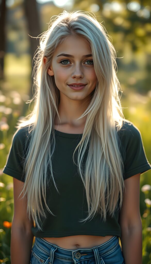 A striking young girl stands in sunlight, her eyes shining like sapphires, her lips curved into a gentle smile. Her long, straight platinum white hair cascades like a waterfall to her hip, framing her flawless face. She wears a crisp thin dark green t-shirt that contrasts beautifully with the vibrant green grass and blooming wildflowers around her. The sunlight filters through the trees, casting a warm, golden glow over the scene, highlighting her porcelain skin and the delicate freckles across her cheeks. Her hair catches the light, shimmering with a subtle iridescent sheen. The overall composition is serene and picturesque, with a soft-focus background that enhances the ethereal beauty of the moment. She wears blue short jeans. Front view.