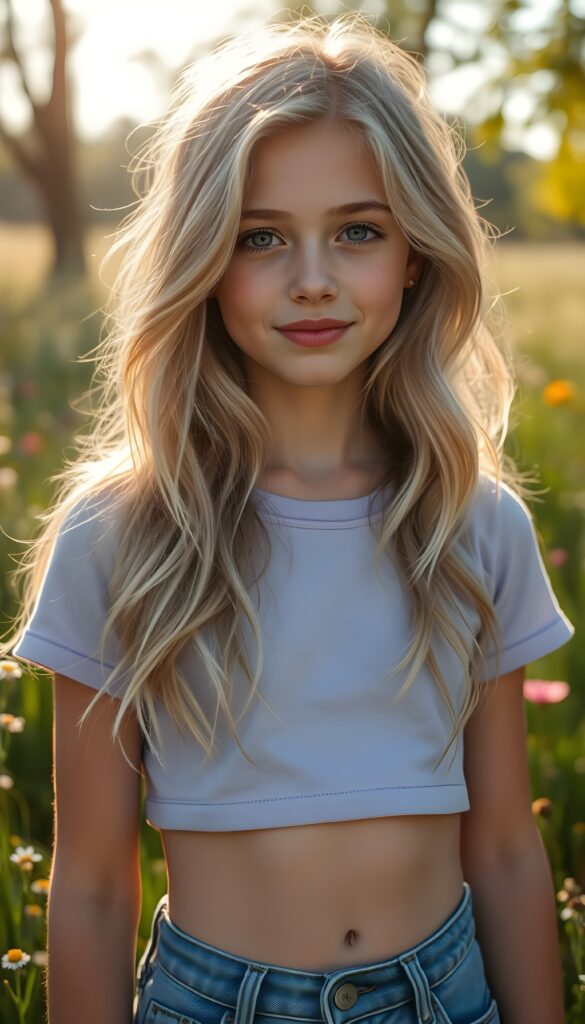 A striking young girl stands in a sunlit meadow, her eyes shining like sapphires, her lips curved into a gentle smile. Her long, wavy platinum blond hair with brown highlights cascades like a waterfall to her hip, framing her flawless face. She wears a crisp light purple cropped t-shirt that contrasts beautifully with the vibrant green grass and blooming wildflowers around her. Cute round small belly button. The sunlight filters through the trees, casting a warm, golden glow over the scene, highlighting her porcelain skin and the delicate freckles across her cheeks. Her hair catches the light, shimmering with a subtle iridescent sheen. The overall composition is serene and picturesque, with a soft-focus background that enhances the ethereal beauty of the moment. She wears blue short jeans.