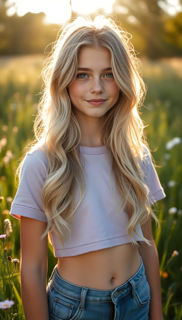 A striking young girl stands in a sunlit meadow, her eyes shining like sapphires, her lips curved into a gentle smile. Her long, wavy platinum blond hair with brown highlights cascades like a waterfall to her hip, framing her flawless face. She wears a crisp light purple cropped t-shirt that contrasts beautifully with the vibrant green grass and blooming wildflowers around her. Cute round small belly button. The sunlight filters through the trees, casting a warm, golden glow over the scene, highlighting her porcelain skin and the delicate freckles across her cheeks. Her hair catches the light, shimmering with a subtle iridescent sheen. The overall composition is serene and picturesque, with a soft-focus background that enhances the ethereal beauty of the moment. She wears blue short jeans.