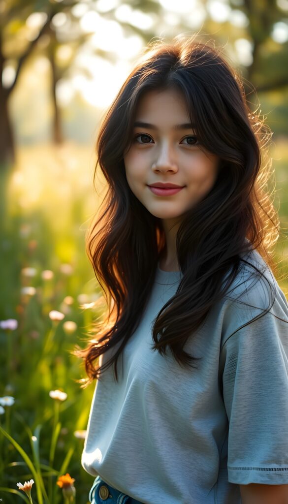 A striking young girl stands in a sunlit meadow, her eyes shining like sapphires, her lips curved into a gentle smile. Her long, wavy obsidian black hair cascades like a waterfall to her hip, framing her flawless face. She wears a crisp light grey t-shirt that contrasts beautifully with the vibrant green grass and blooming wildflowers around her. The sunlight filters through the trees, casting a warm, golden glow over the scene, highlighting her porcelain skin and the delicate freckles across her cheeks. Her hair catches the light, shimmering with a subtle iridescent sheen. The overall composition is serene and picturesque, with a soft-focus background that enhances the ethereal beauty of the moment. She wears blue short jeans.