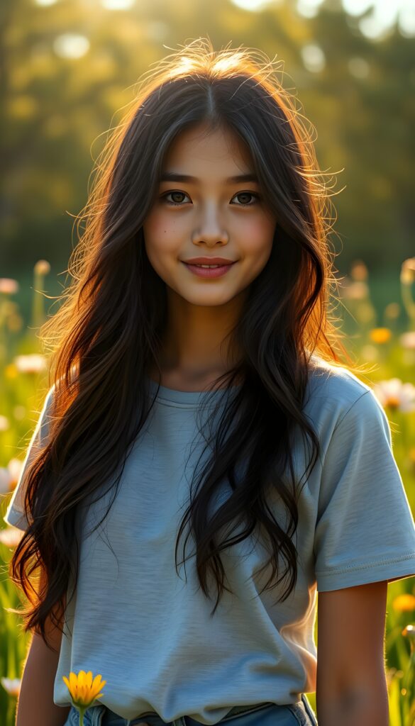 A striking young girl stands in a sunlit meadow, her eyes shining like sapphires, her lips curved into a gentle smile. Her long, wavy obsidian black hair cascades like a waterfall to her hip, framing her flawless face. She wears a crisp light grey t-shirt that contrasts beautifully with the vibrant green grass and blooming wildflowers around her. The sunlight filters through the trees, casting a warm, golden glow over the scene, highlighting her porcelain skin and the delicate freckles across her cheeks. Her hair catches the light, shimmering with a subtle iridescent sheen. The overall composition is serene and picturesque, with a soft-focus background that enhances the ethereal beauty of the moment. She wears blue short jeans.