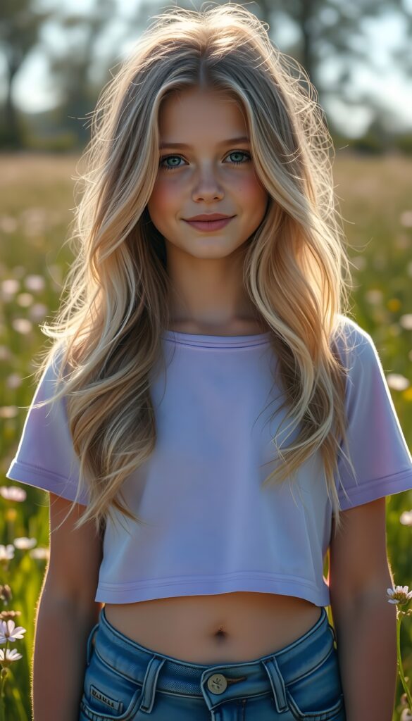 A striking young girl stands in a sunlit meadow, her eyes shining like sapphires, her lips curved into a gentle smile. Her long, wavy platinum blond hair with brown highlights cascades like a waterfall to her hip, framing her flawless face. She wears a crisp light purple cropped t-shirt that contrasts beautifully with the vibrant green grass and blooming wildflowers around her. Cute round small belly button. The sunlight filters through the trees, casting a warm, golden glow over the scene, highlighting her porcelain skin and the delicate freckles across her cheeks. Her hair catches the light, shimmering with a subtle iridescent sheen. The overall composition is serene and picturesque, with a soft-focus background that enhances the ethereal beauty of the moment. She wears blue short jeans.
