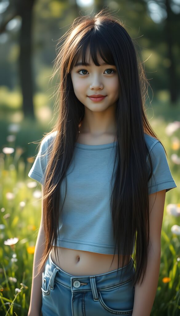 A striking young girl stands in sunlight, her eyes shining like sapphires, her lips curved into a gentle smile. Her long, straight obsidian black hair cascades like a waterfall to her hip, framing her flawless face. She wears a crisp light grey cropped t-shirt that contrasts beautifully with the vibrant green grass and blooming wildflowers around her. She shows her cute round little belly button. The sunlight filters through the trees, casting a warm, golden glow over the scene, highlighting her porcelain skin and the delicate freckles across her cheeks. Her hair catches the light, shimmering with a subtle iridescent sheen. The overall composition is serene and picturesque, with a soft-focus background that enhances the ethereal beauty of the moment. She wears blue short jeans. Front view.