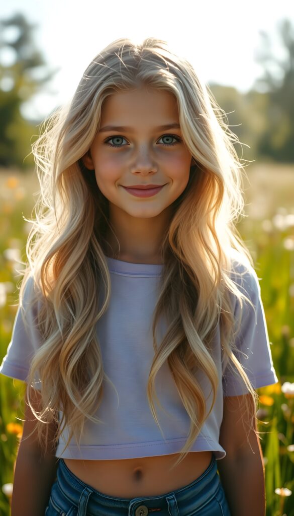 A striking young girl stands in a sunlit meadow, her eyes shining like sapphires, her lips curved into a gentle smile. Her long, wavy platinum blond hair with brown highlights cascades like a waterfall to her hip, framing her flawless face. She wears a crisp light purple cropped t-shirt that contrasts beautifully with the vibrant green grass and blooming wildflowers around her. Cute round small belly button. The sunlight filters through the trees, casting a warm, golden glow over the scene, highlighting her porcelain skin and the delicate freckles across her cheeks. Her hair catches the light, shimmering with a subtle iridescent sheen. The overall composition is serene and picturesque, with a soft-focus background that enhances the ethereal beauty of the moment. She wears blue short jeans.