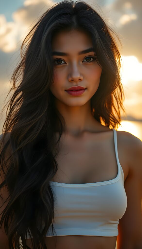 A striking young busty girl, her eyes shining like sapphires, her lips curved into a gentle smile. Her long, wavy obsidian black hair cascades like a waterfall, framing her flawless face. She wears a crisp white cropped thin spaghetti tank top that contrasts beautifully. The sunlight filters through the clouds, casting a warm, golden glow over the scene, highlighting her porcelain skin and the delicate freckles across her cheeks. Her hair catches the light, shimmering with a subtle iridescent sheen. The overall composition is serene and picturesque, with a soft-focus background that enhances the ethereal beauty of the moment. All against a beautiful sunset at beach.
