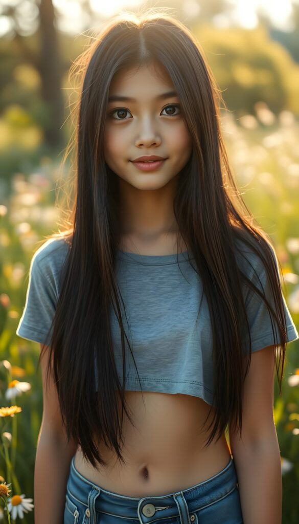 A striking young girl stands in sunlight, her eyes shining like sapphires, her lips curved into a gentle smile. Her long, straight obsidian black hair cascades like a waterfall to her hip, framing her flawless face. She wears a crisp light grey cropped t-shirt that contrasts beautifully with the vibrant green grass and blooming wildflowers around her. She shows her cute round little belly button. The sunlight filters through the trees, casting a warm, golden glow over the scene, highlighting her porcelain skin and the delicate freckles across her cheeks. Her hair catches the light, shimmering with a subtle iridescent sheen. The overall composition is serene and picturesque, with a soft-focus background that enhances the ethereal beauty of the moment. She wears blue short jeans. Front view.