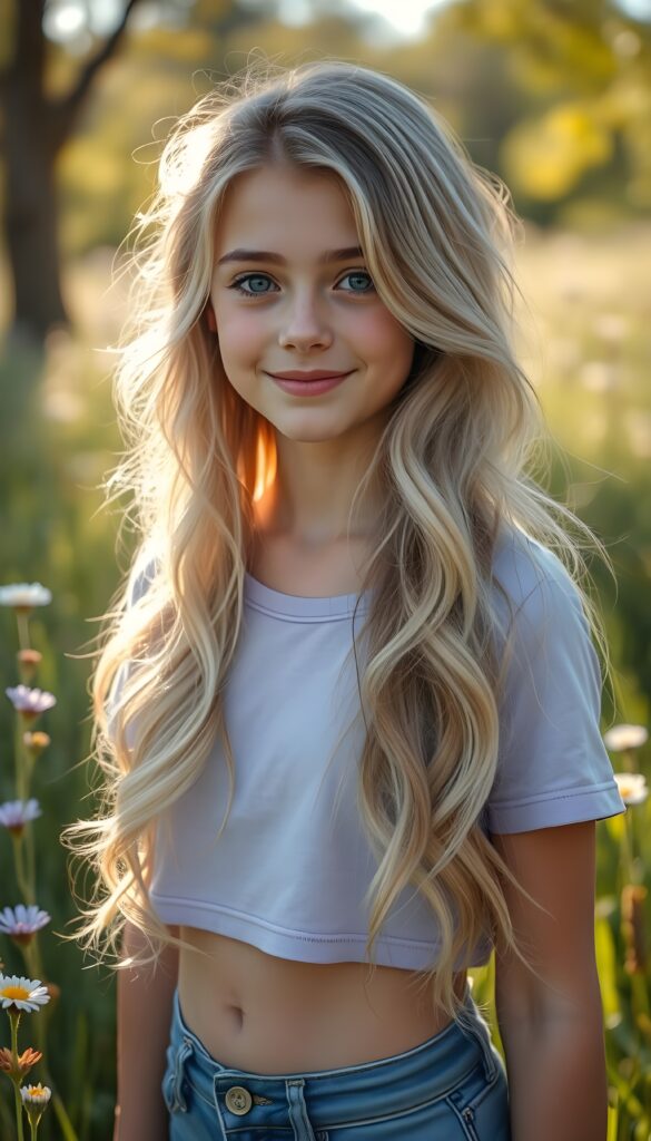 A striking young girl stands in a sunlit meadow, her eyes shining like sapphires, her lips curved into a gentle smile. Her long, wavy platinum blond hair with brown highlights cascades like a waterfall to her hip, framing her flawless face. She wears a crisp light purple cropped t-shirt that contrasts beautifully with the vibrant green grass and blooming wildflowers around her. Cute round small belly button. The sunlight filters through the trees, casting a warm, golden glow over the scene, highlighting her porcelain skin and the delicate freckles across her cheeks. Her hair catches the light, shimmering with a subtle iridescent sheen. The overall composition is serene and picturesque, with a soft-focus background that enhances the ethereal beauty of the moment. She wears blue short jeans.