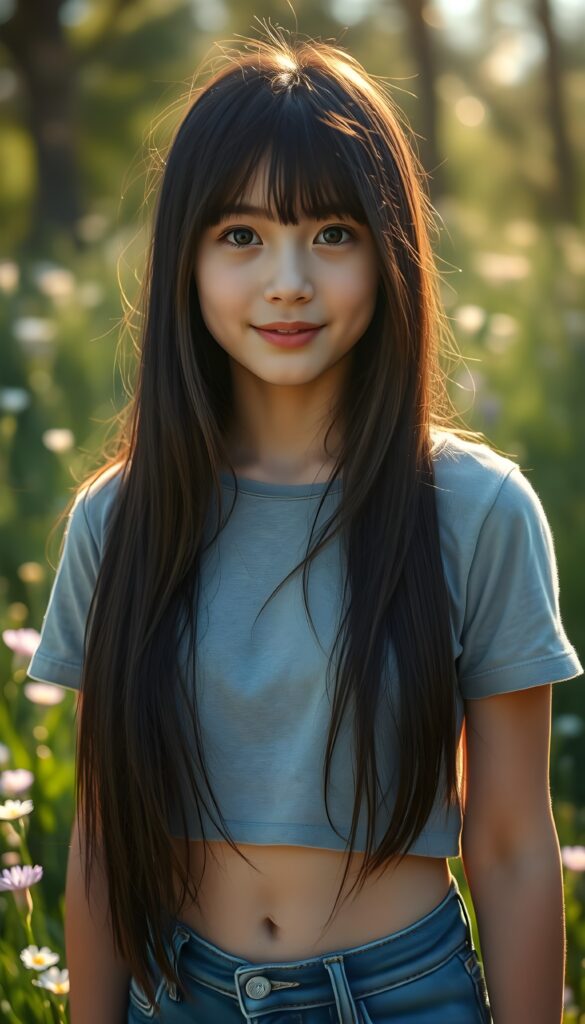 A striking young girl stands in sunlight, her eyes shining like sapphires, her lips curved into a gentle smile. Her long, straight obsidian black hair cascades like a waterfall to her hip, framing her flawless face. She wears a crisp light grey cropped t-shirt that contrasts beautifully with the vibrant green grass and blooming wildflowers around her. She shows her cute round little belly button. The sunlight filters through the trees, casting a warm, golden glow over the scene, highlighting her porcelain skin and the delicate freckles across her cheeks. Her hair catches the light, shimmering with a subtle iridescent sheen. The overall composition is serene and picturesque, with a soft-focus background that enhances the ethereal beauty of the moment. She wears blue short jeans. Front view.