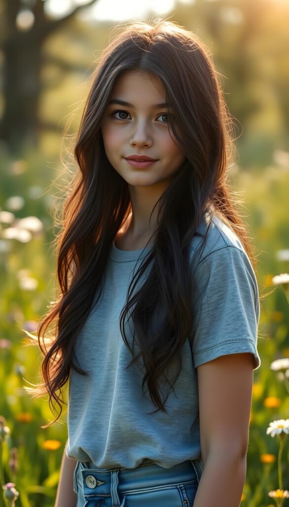 A striking young girl stands in a sunlit meadow, her eyes shining like sapphires, her lips curved into a gentle smile. Her long, wavy obsidian black hair cascades like a waterfall to her hip, framing her flawless face. She wears a crisp light grey t-shirt that contrasts beautifully with the vibrant green grass and blooming wildflowers around her. The sunlight filters through the trees, casting a warm, golden glow over the scene, highlighting her porcelain skin and the delicate freckles across her cheeks. Her hair catches the light, shimmering with a subtle iridescent sheen. The overall composition is serene and picturesque, with a soft-focus background that enhances the ethereal beauty of the moment. She wears blue short jeans.