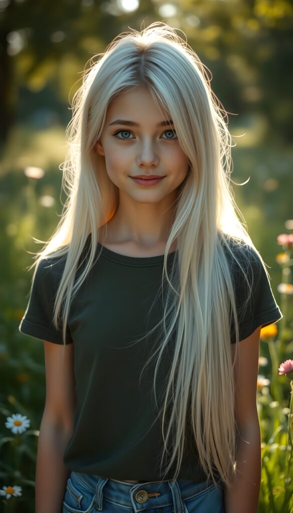 A striking young girl stands in sunlight, her eyes shining like sapphires, her lips curved into a gentle smile. Her long, straight platinum white hair cascades like a waterfall to her hip, framing her flawless face. She wears a crisp thin dark green t-shirt that contrasts beautifully with the vibrant green grass and blooming wildflowers around her. The sunlight filters through the trees, casting a warm, golden glow over the scene, highlighting her porcelain skin and the delicate freckles across her cheeks. Her hair catches the light, shimmering with a subtle iridescent sheen. The overall composition is serene and picturesque, with a soft-focus background that enhances the ethereal beauty of the moment. She wears blue short jeans. Front view.