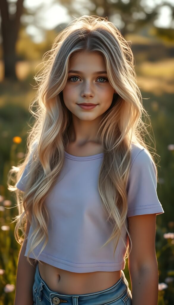 A striking young girl stands in a sunlit meadow, her eyes shining like sapphires, her lips curved into a gentle smile. Her long, wavy platinum blond hair with brown highlights cascades like a waterfall to her hip, framing her flawless face. She wears a crisp light purple cropped t-shirt that contrasts beautifully with the vibrant green grass and blooming wildflowers around her. Cute round small belly button. The sunlight filters through the trees, casting a warm, golden glow over the scene, highlighting her porcelain skin and the delicate freckles across her cheeks. Her hair catches the light, shimmering with a subtle iridescent sheen. The overall composition is serene and picturesque, with a soft-focus background that enhances the ethereal beauty of the moment. She wears blue short jeans.