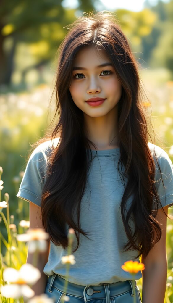 A striking young girl stands in a sunlit meadow, her eyes shining like sapphires, her lips curved into a gentle smile. Her long, wavy obsidian black hair cascades like a waterfall to her hip, framing her flawless face. She wears a crisp light grey t-shirt that contrasts beautifully with the vibrant green grass and blooming wildflowers around her. The sunlight filters through the trees, casting a warm, golden glow over the scene, highlighting her porcelain skin and the delicate freckles across her cheeks. Her hair catches the light, shimmering with a subtle iridescent sheen. The overall composition is serene and picturesque, with a soft-focus background that enhances the ethereal beauty of the moment. She wears blue short jeans.