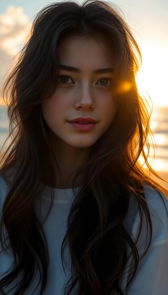 A striking young girl, her eyes shining like sapphires, her lips curved into a gentle smile. Her long, wavy obsidian black hair cascades like a waterfall, framing her flawless face. She wears a crisp white t-shirt that contrasts beautifully. The sunlight filters through the clouds, casting a warm, golden glow over the scene, highlighting her porcelain skin and the delicate freckles across her cheeks. Her hair catches the light, shimmering with a subtle iridescent sheen. The overall composition is serene and picturesque, with a soft-focus background that enhances the ethereal beauty of the moment. All against a beautiful sunset at beach.
