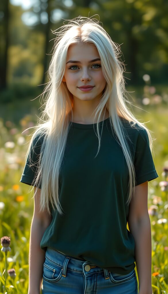 A striking young girl stands in sunlight, her eyes shining like sapphires, her lips curved into a gentle smile. Her long, straight platinum white hair cascades like a waterfall to her hip, framing her flawless face. She wears a crisp thin dark green t-shirt that contrasts beautifully with the vibrant green grass and blooming wildflowers around her. The sunlight filters through the trees, casting a warm, golden glow over the scene, highlighting her porcelain skin and the delicate freckles across her cheeks. Her hair catches the light, shimmering with a subtle iridescent sheen. The overall composition is serene and picturesque, with a soft-focus background that enhances the ethereal beauty of the moment. She wears blue short jeans. Front view.