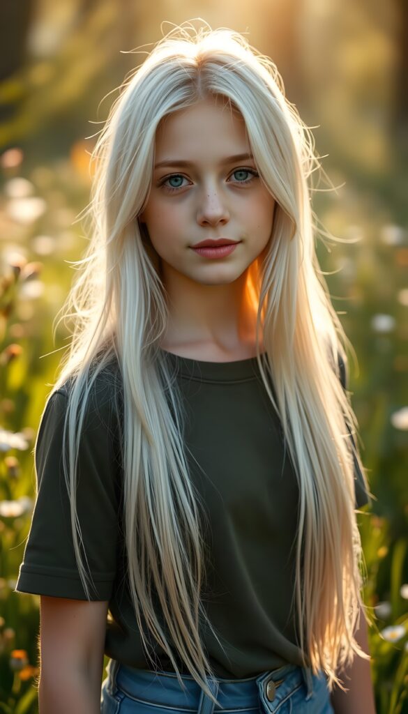 A striking young girl stands in sunlight, her eyes shining like sapphires, her lips curved into a gentle smile. Her long, straight platinum white hair cascades like a waterfall to her hip, framing her flawless face. She wears a crisp thin dark green t-shirt that contrasts beautifully with the vibrant green grass and blooming wildflowers around her. The sunlight filters through the trees, casting a warm, golden glow over the scene, highlighting her porcelain skin and the delicate freckles across her cheeks. Her hair catches the light, shimmering with a subtle iridescent sheen. The overall composition is serene and picturesque, with a soft-focus background that enhances the ethereal beauty of the moment. She wears blue short jeans. Front view.